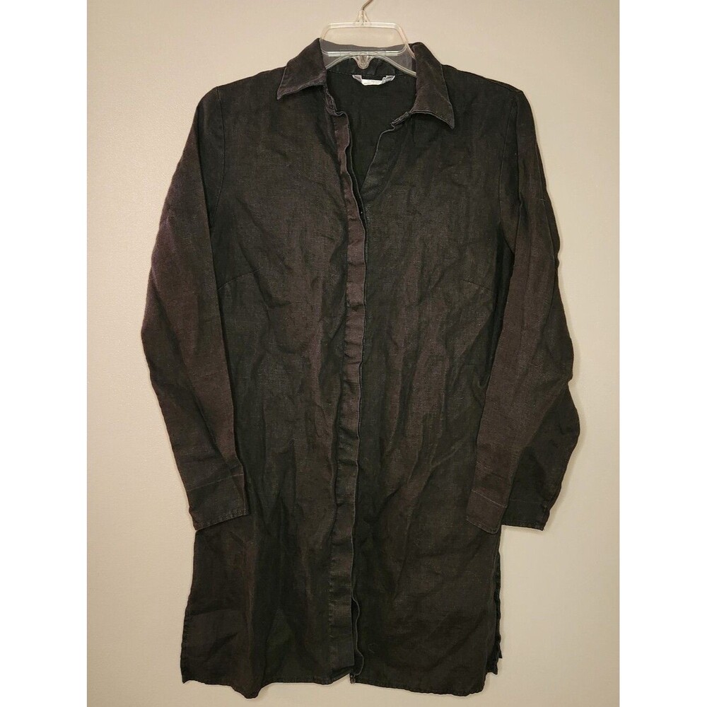 St. Michael Marks & Spencer Black Linen Button-up Shirt Dress Size UK 14 (US M)